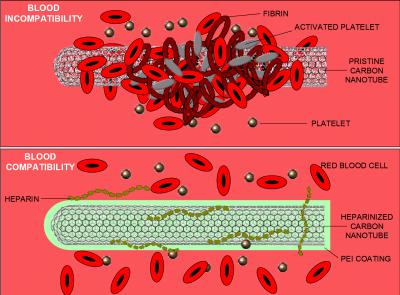 Blood-compatible nanoscale materials possible using heparin